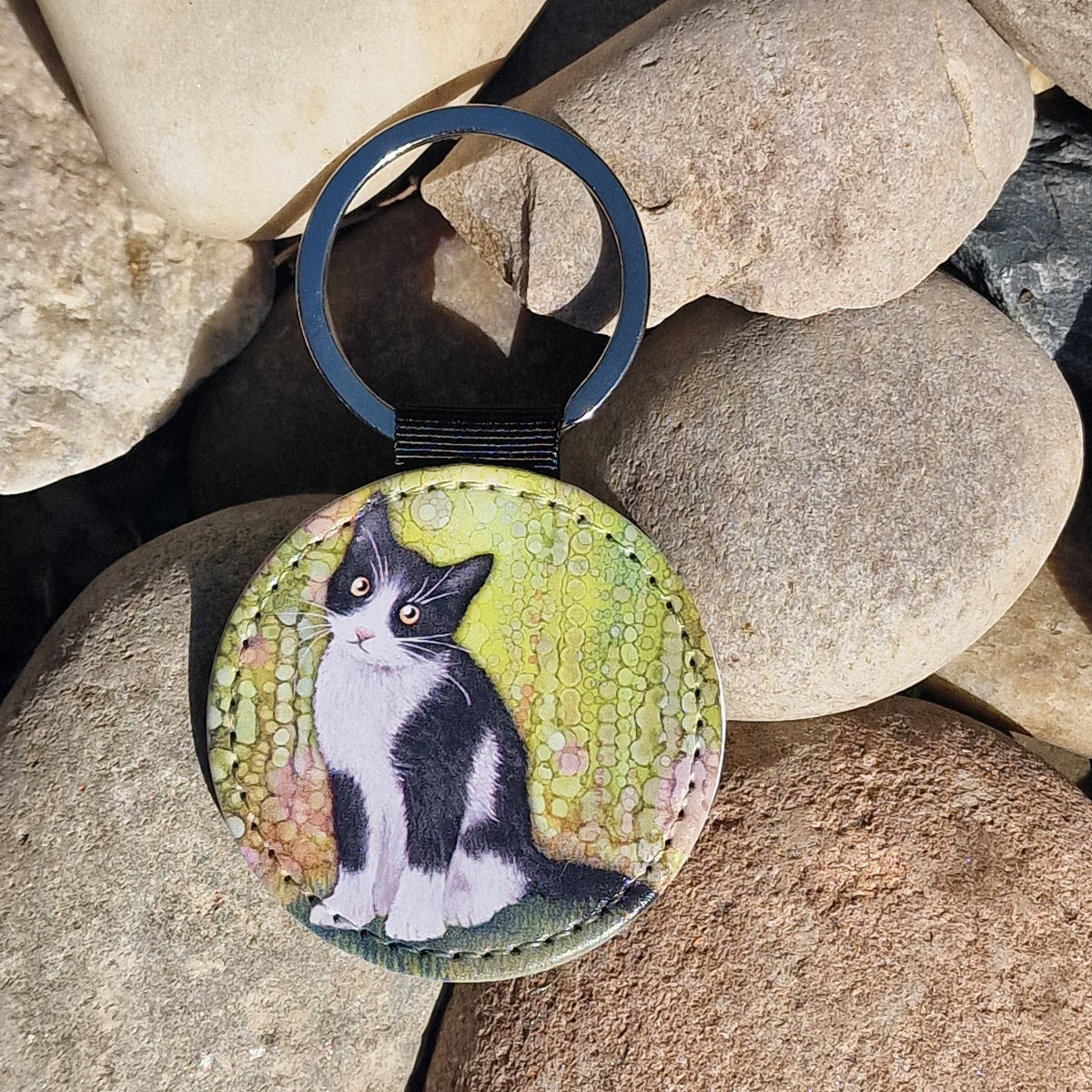 Black & White Cat Faux Leather Keyring
