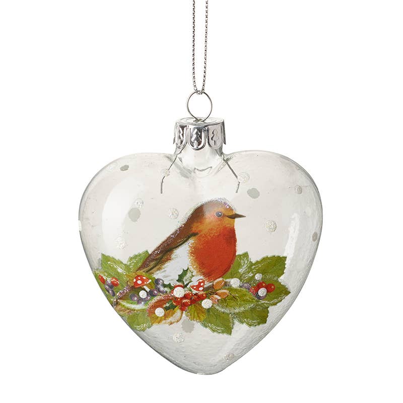 PAINTED ROBIN GLASS HEART BAUBLE