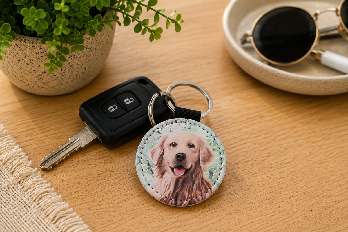 Golden Retriever Dog Faux Leather Keyring