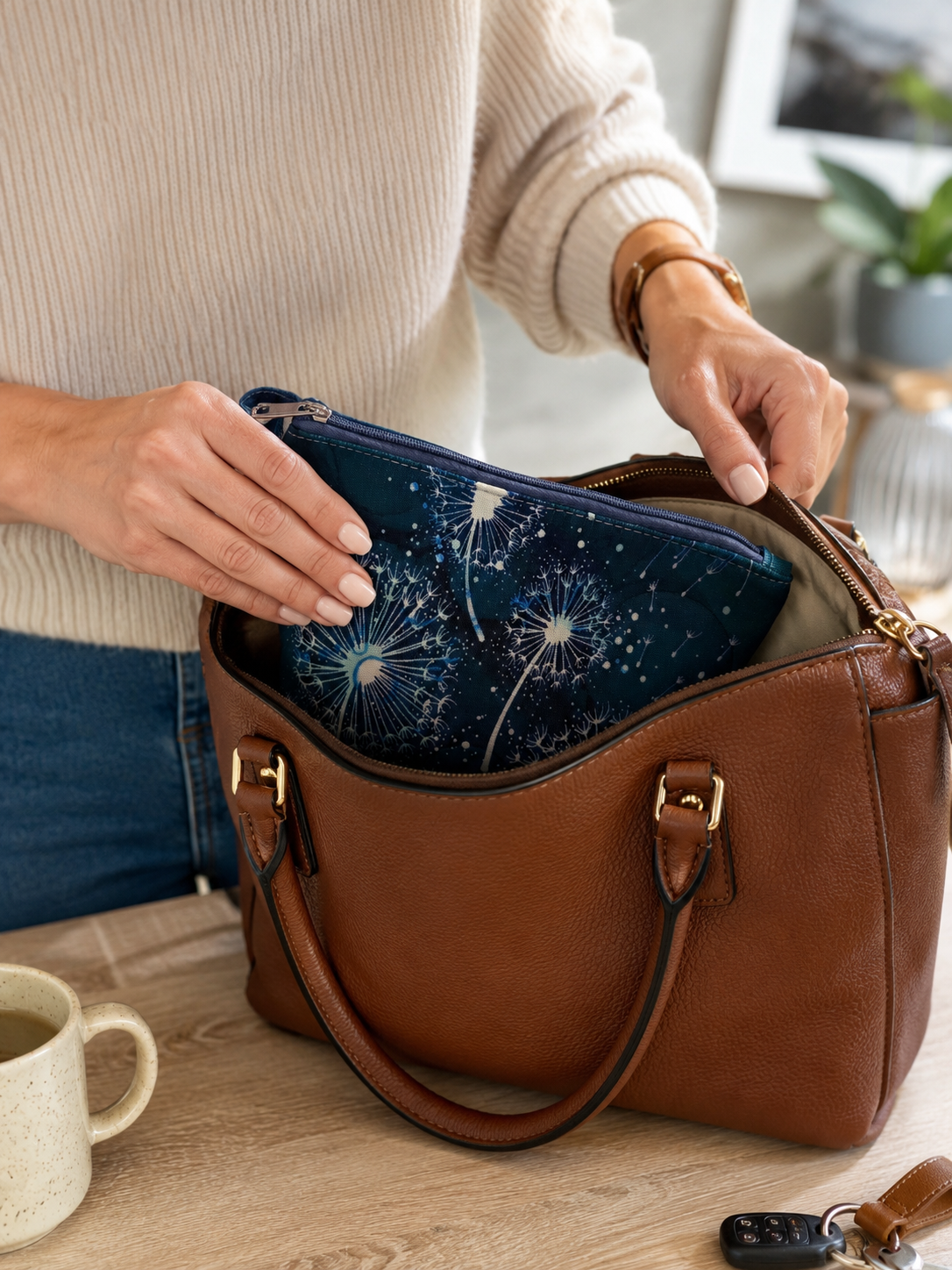 Teal dandelion wash bag, makeup bag