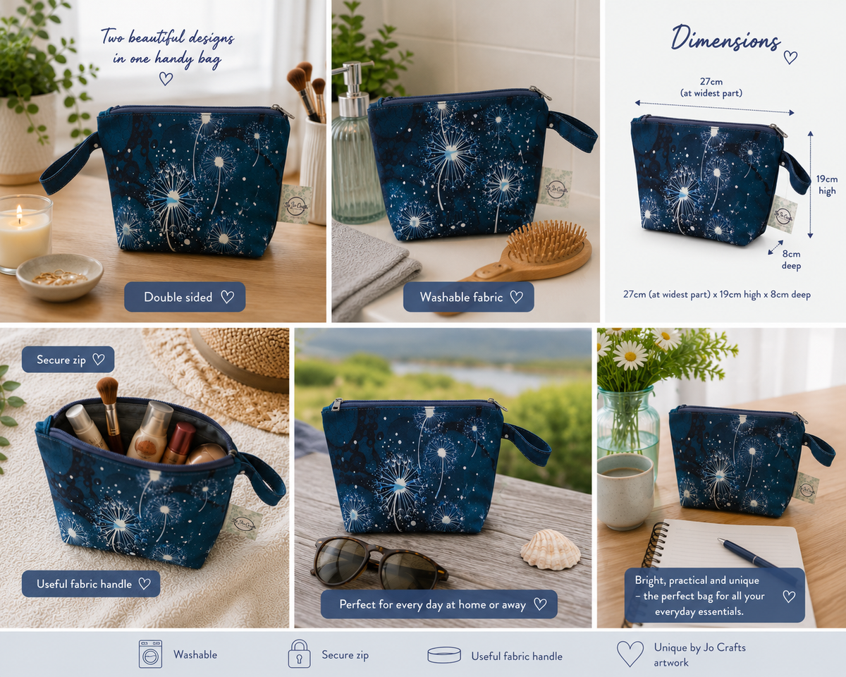 Teal dandelion wash bag, makeup bag
