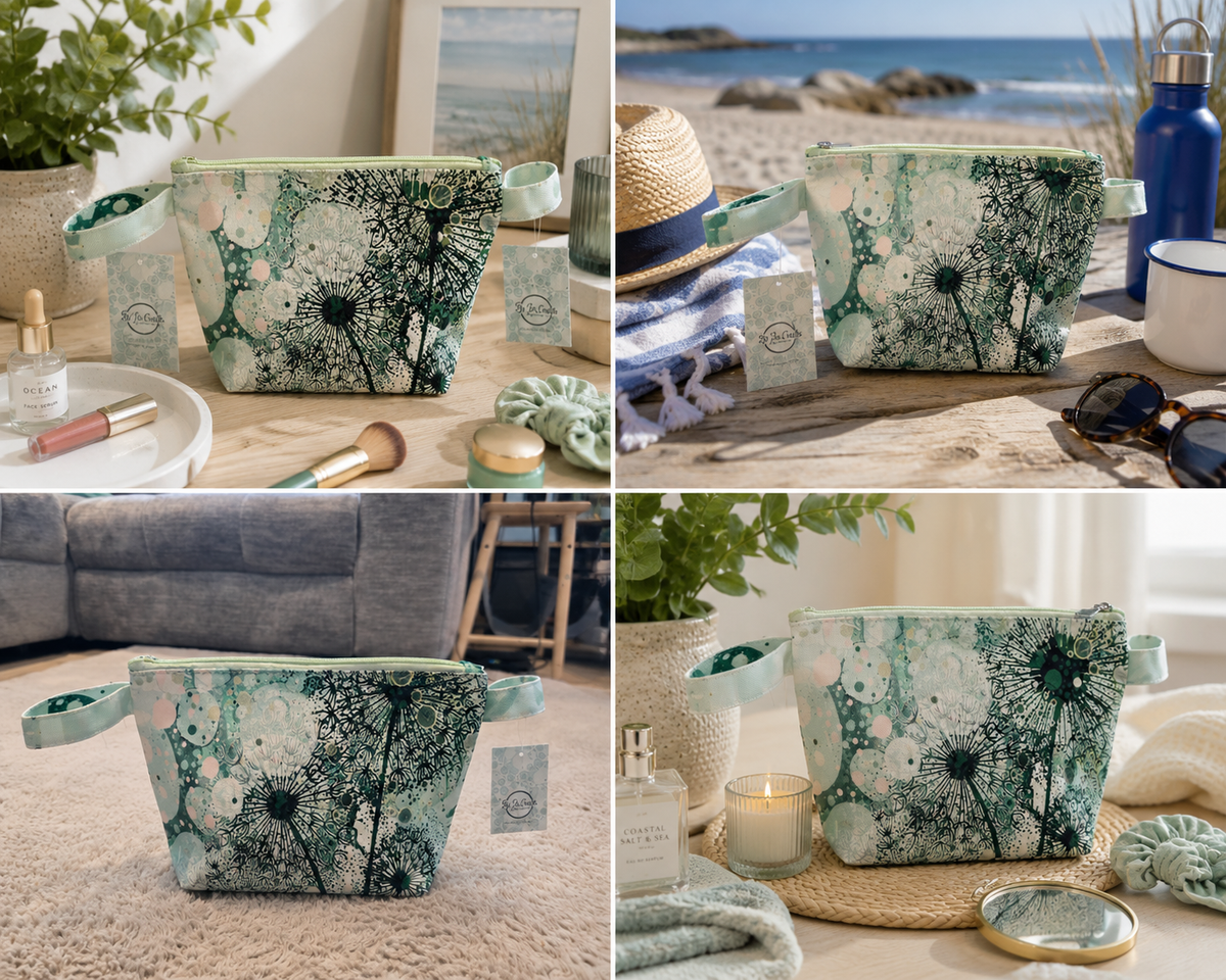 Gorgeous Green dandelion wash bag, makeup bag. By Jojo.