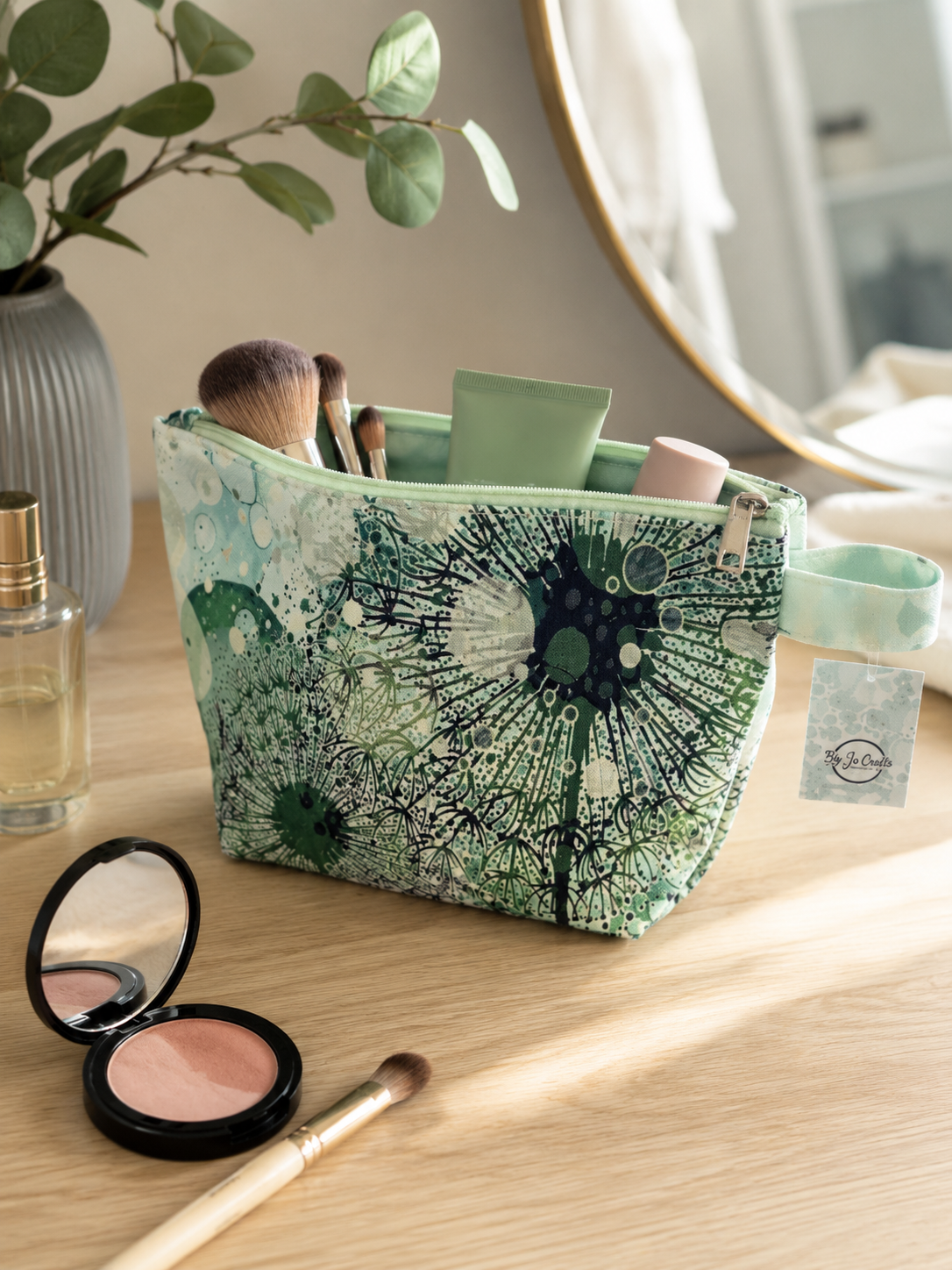 Gorgeous Green dandelion wash bag, makeup bag. By Jojo.