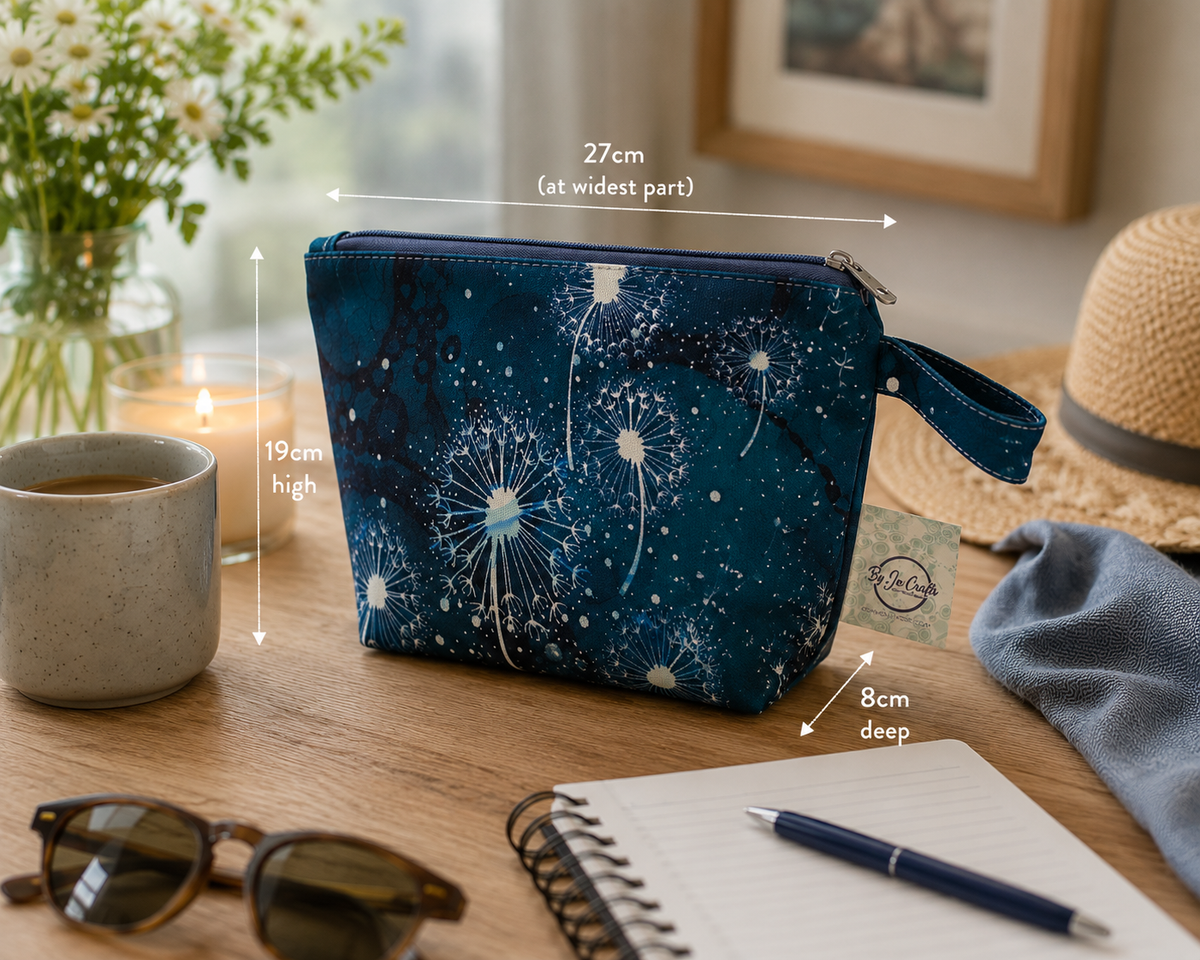 Teal dandelion wash bag, makeup bag