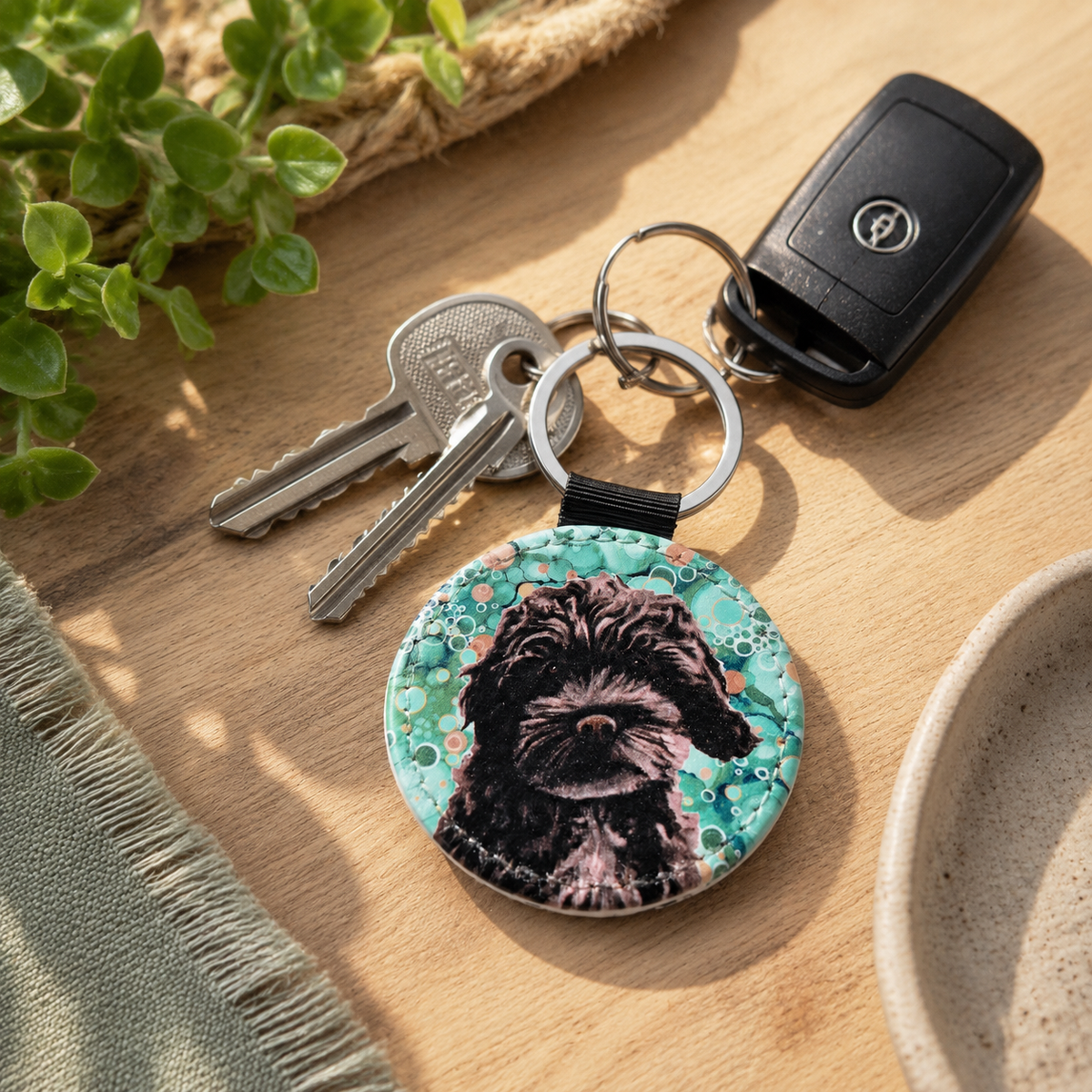 Black Cockerpoo Dog Faux Leather Keyring