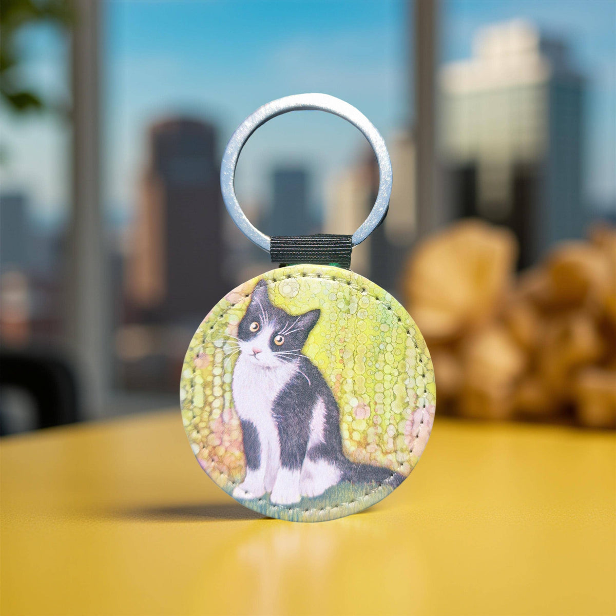 Black & White Cat Faux Leather Keyring