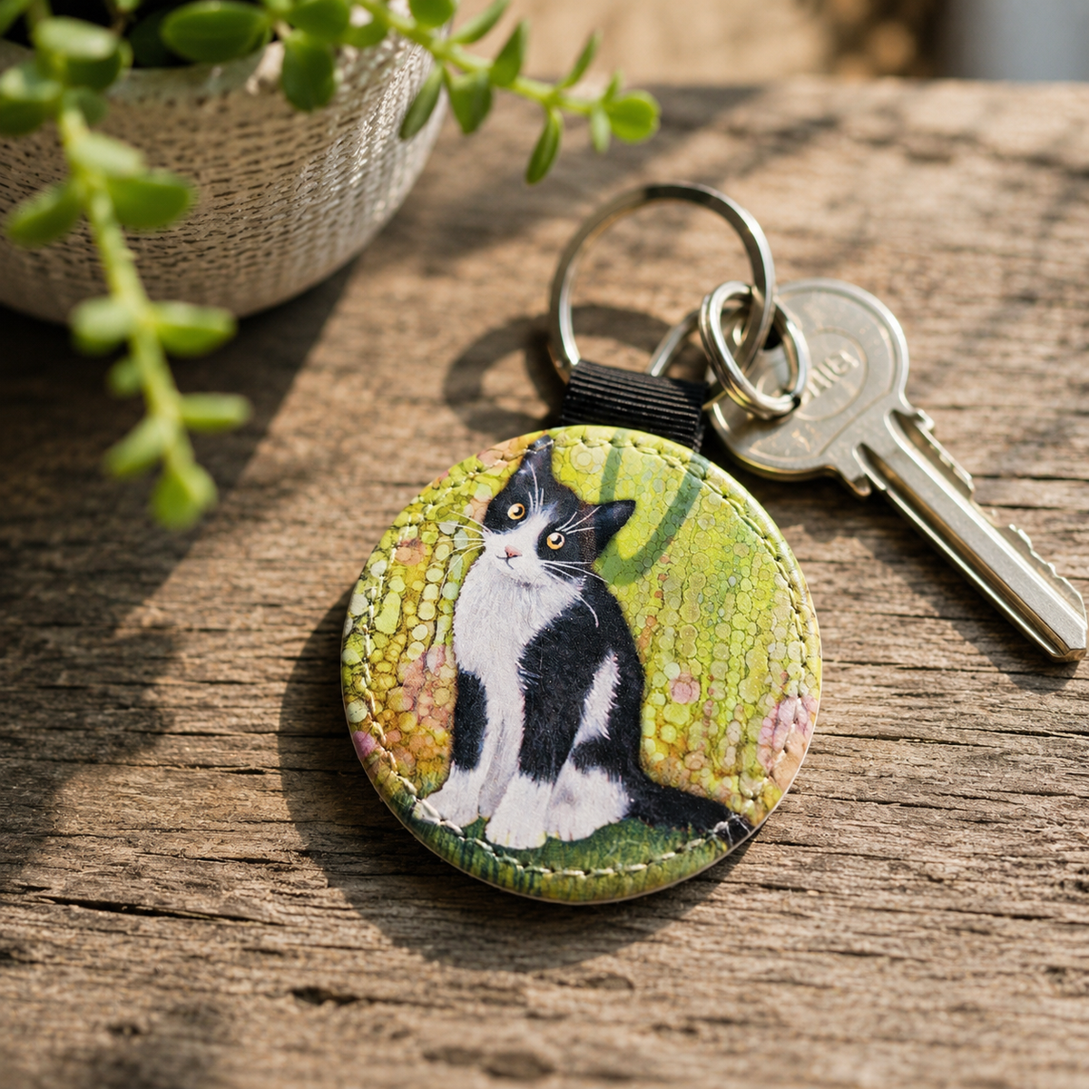 Black & White Cat Faux Leather Keyring