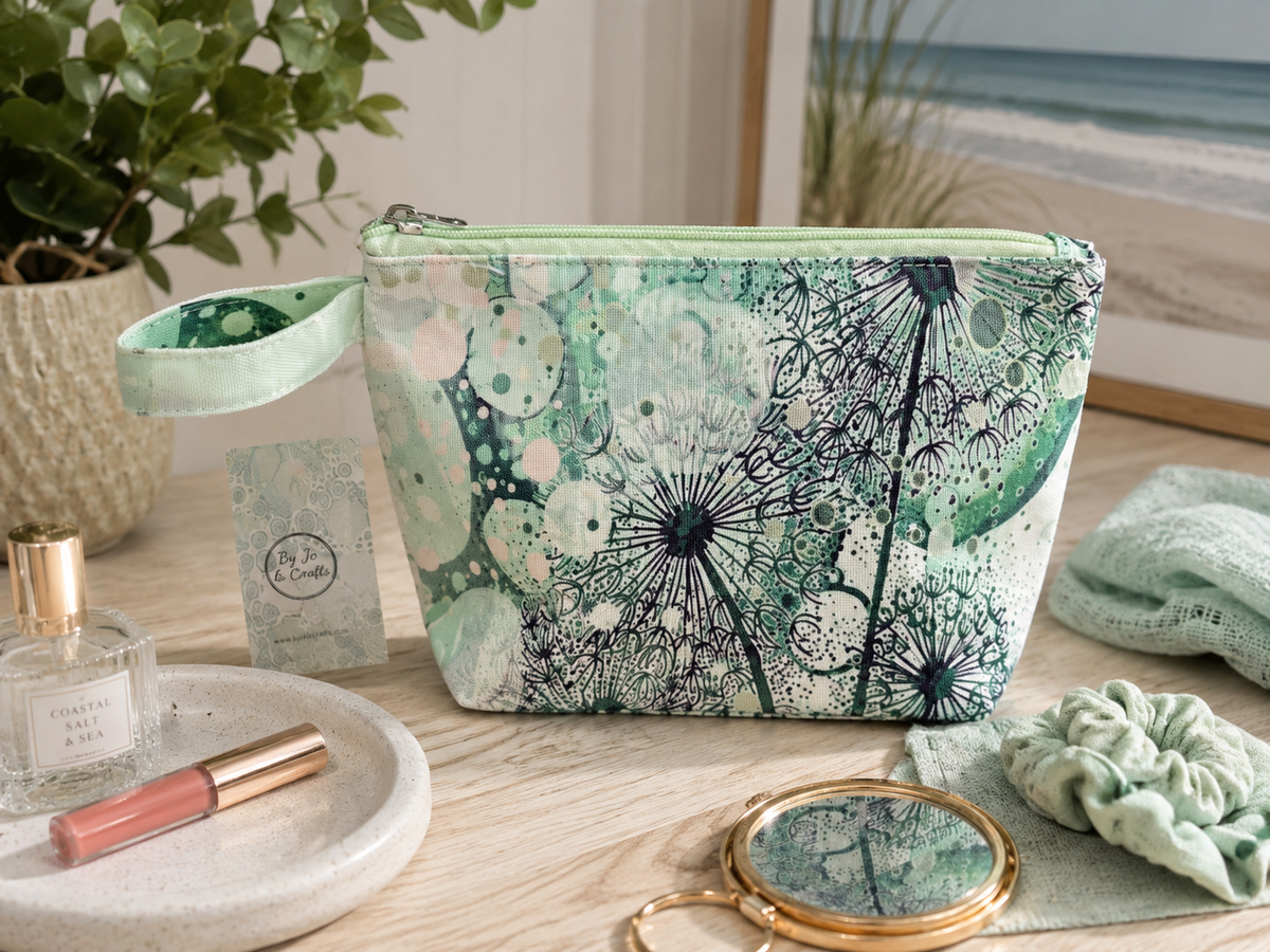 Gorgeous Green dandelion wash bag, makeup bag. By Jojo.