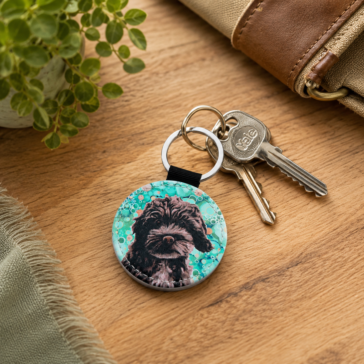 Black Cockerpoo Dog Faux Leather Keyring