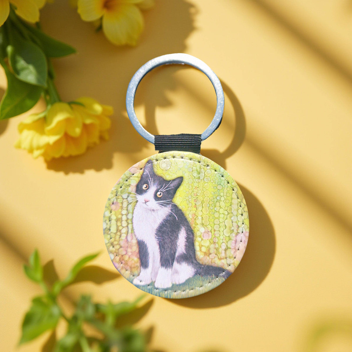 Black & White Cat Faux Leather Keyring