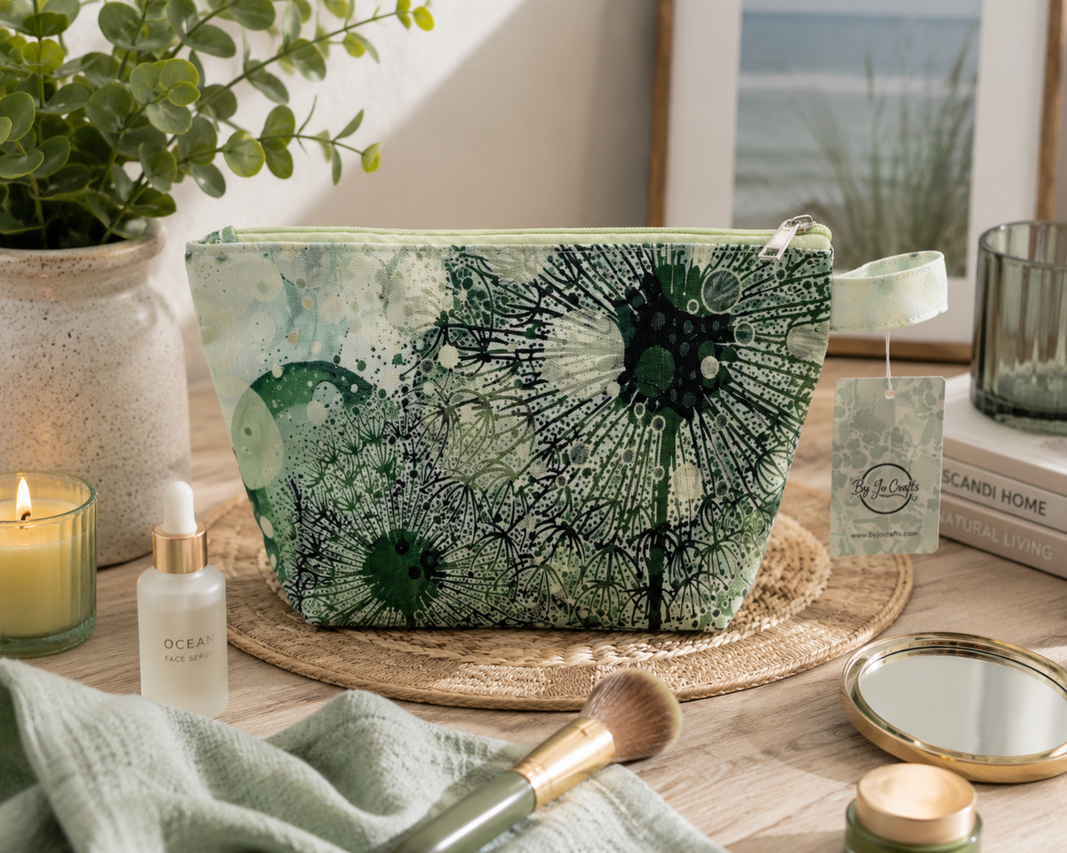 Gorgeous Green dandelion wash bag, makeup bag. By Jojo.