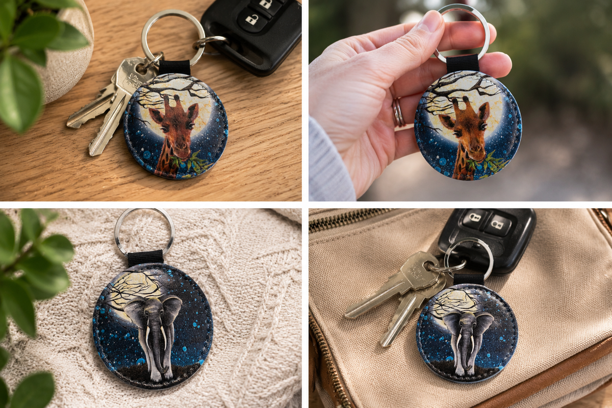 Giraffe & Elephant Faux Leather Keyring