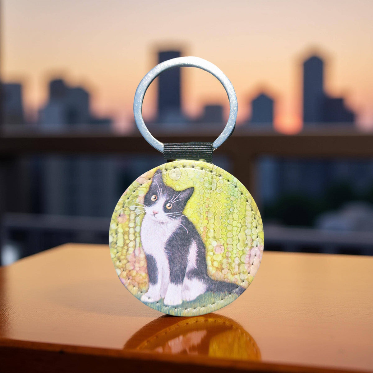 Black & White Cat Faux Leather Keyring