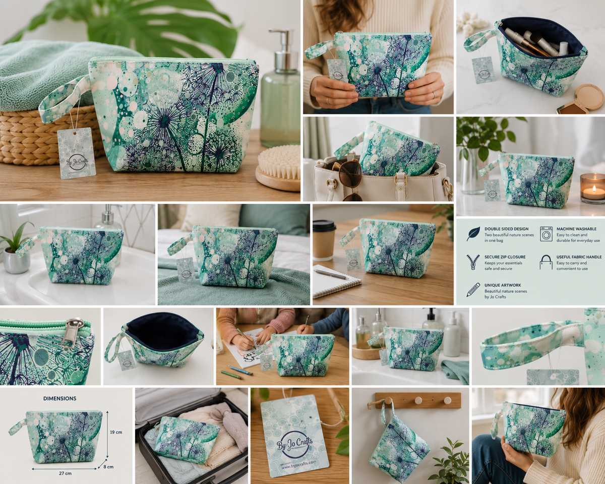 Gorgeous Green dandelion wash bag, makeup bag. By Jojo.