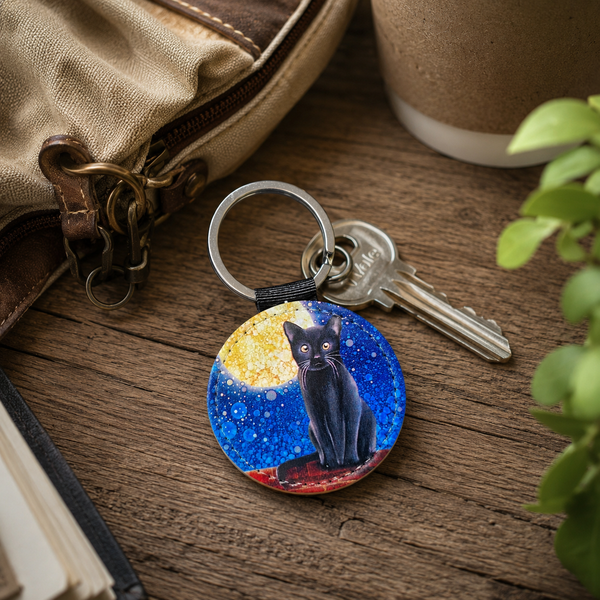 Black Cat Faux Leather Keyring