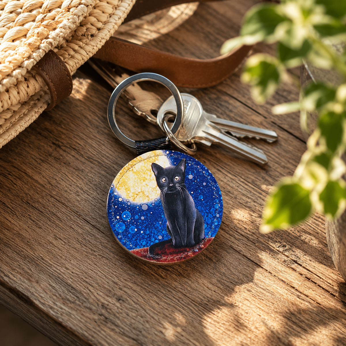 Black Cat Faux Leather Keyring