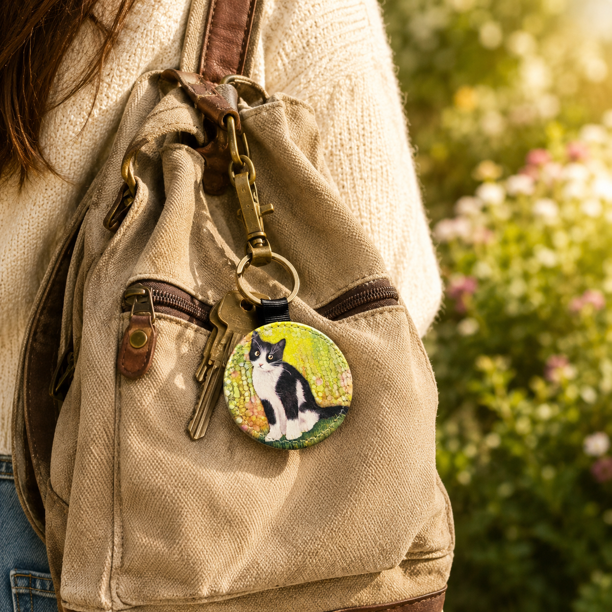 Black & White Cat Faux Leather Keyring