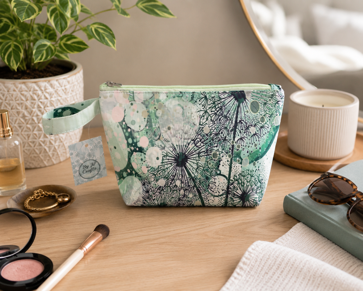 Gorgeous Green dandelion wash bag, makeup bag. By Jojo.