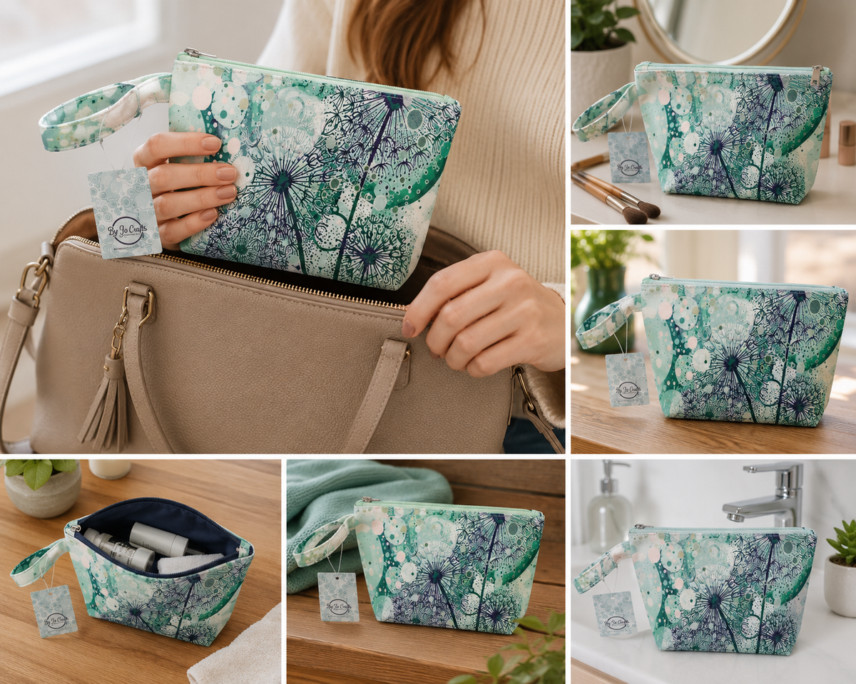Gorgeous Green dandelion wash bag, makeup bag. By Jojo.