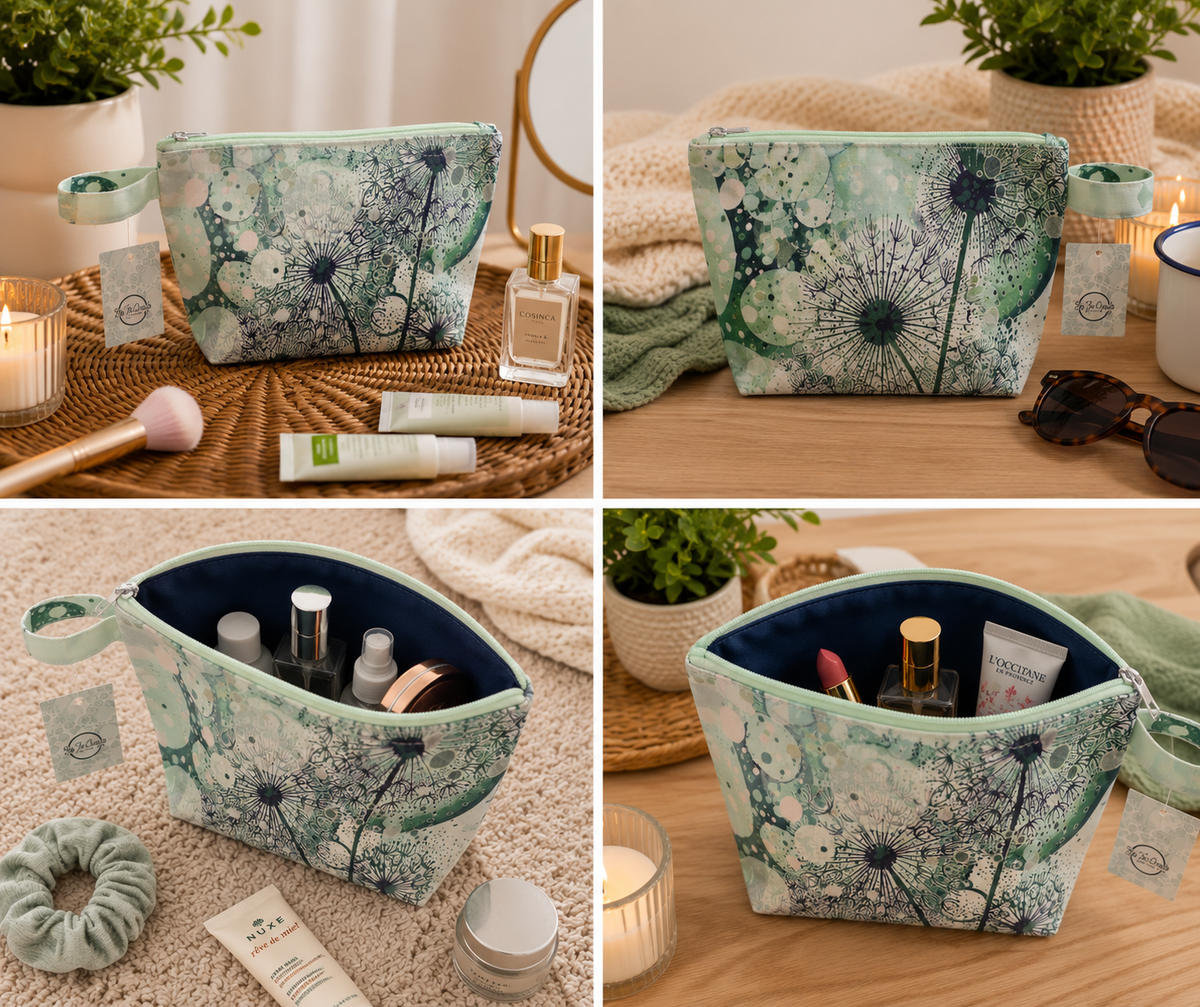 Gorgeous Green dandelion wash bag, makeup bag. By Jojo.